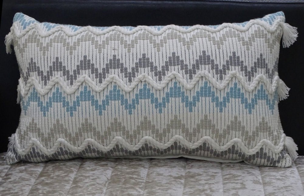 14" X 24" White Gray and Blue Chevron Cotton Lumbar Throw Pillow With Tassels and Texture