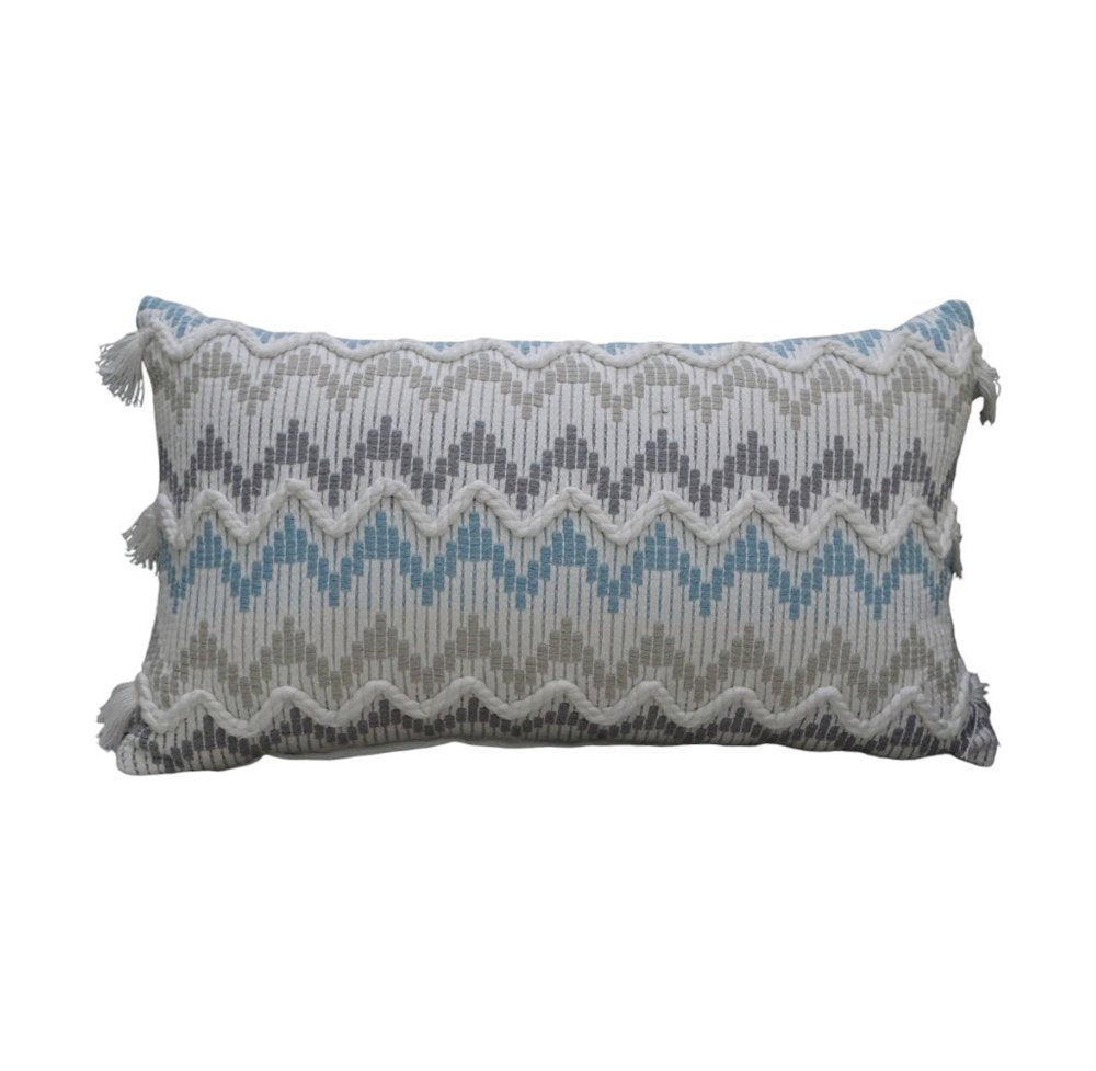 14" X 24" White Gray and Blue Chevron Cotton Lumbar Throw Pillow With Tassels and Texture