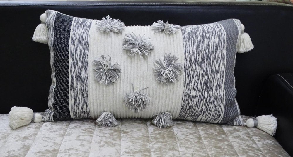 14" X 24" White and Gray Striped Cotton Blend Lumbar Throw Pillow With Pom-poms and Tassels