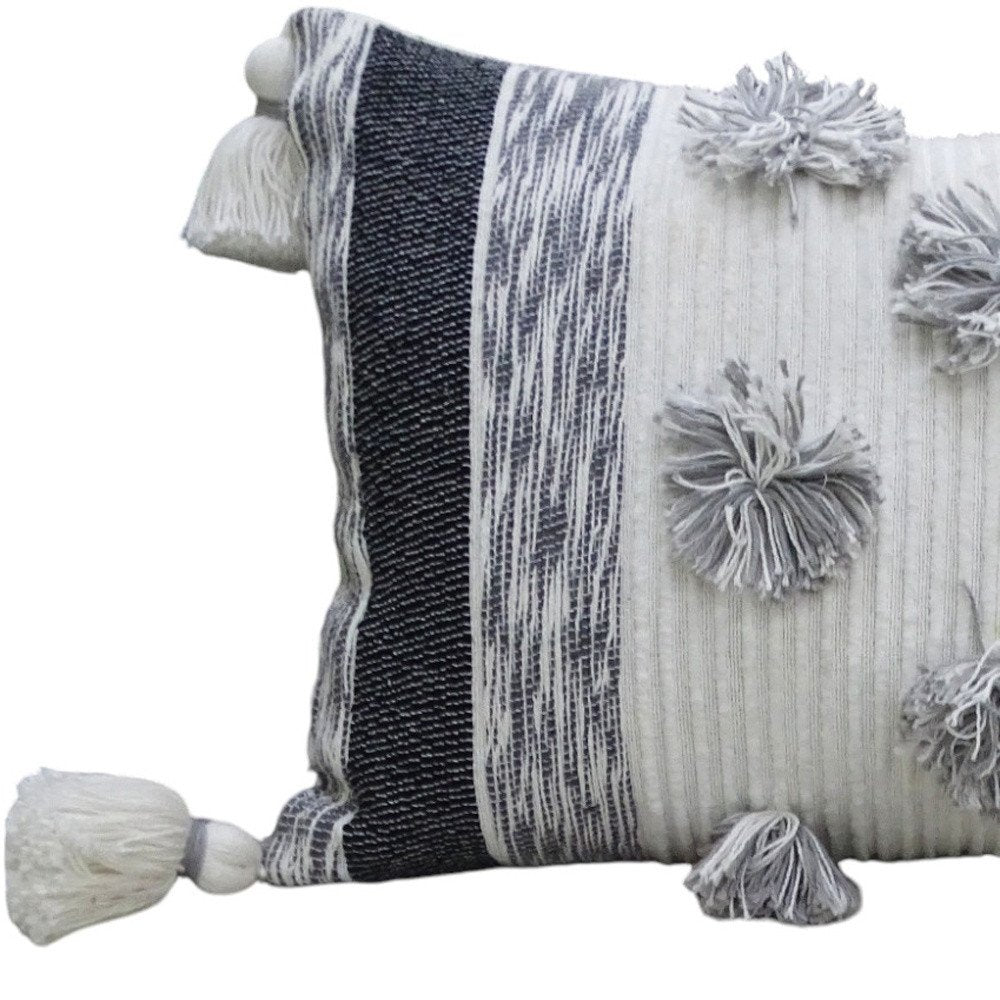 14" X 24" White and Gray Striped Cotton Blend Lumbar Throw Pillow With Pom-poms and Tassels