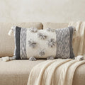 14" X 24" White and Gray Striped Cotton Blend Lumbar Throw Pillow With Pom-poms and Tassels