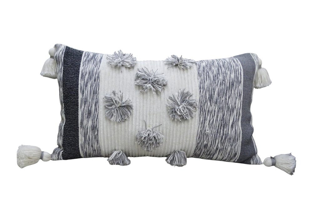 14" X 24" White and Gray Striped Cotton Blend Lumbar Throw Pillow With Pom-poms and Tassels