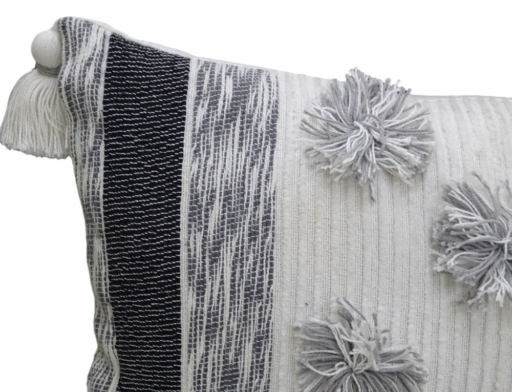 14" X 24" White and Gray Striped Cotton Blend Lumbar Throw Pillow With Pom-poms and Tassels