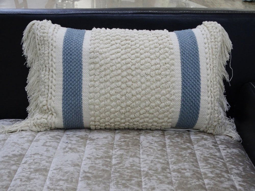 14" X 24" Cream And Light Blue Handmade Nubby Texture Throw Pillow With Fringe