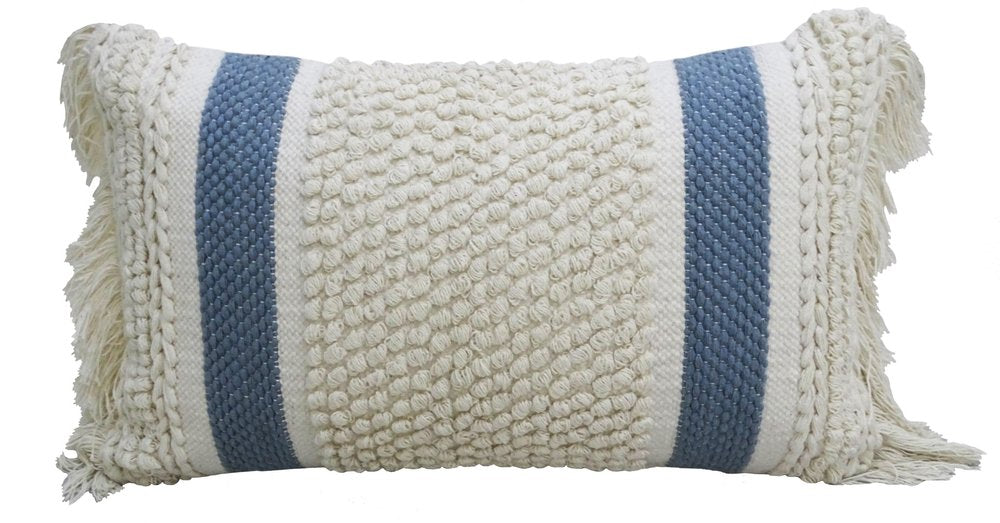 14" X 24" Cream And Light Blue Handmade Nubby Texture Throw Pillow With Fringe