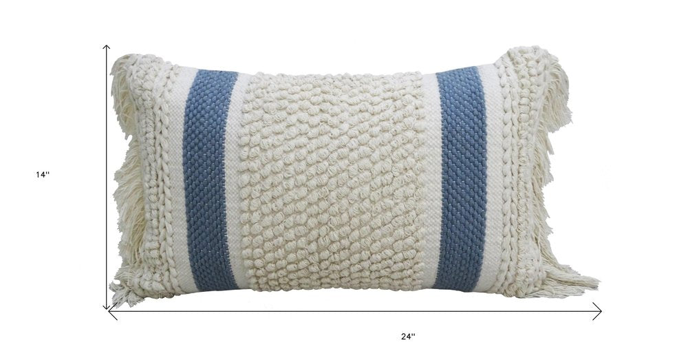 14" X 24" Cream And Light Blue Handmade Nubby Texture Throw Pillow With Fringe