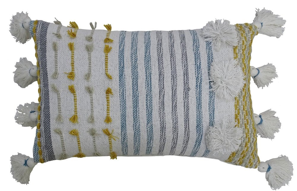 14" X 20" Blue and Yellow Striped Cotton Blend Zippered Pillow With Tassels
