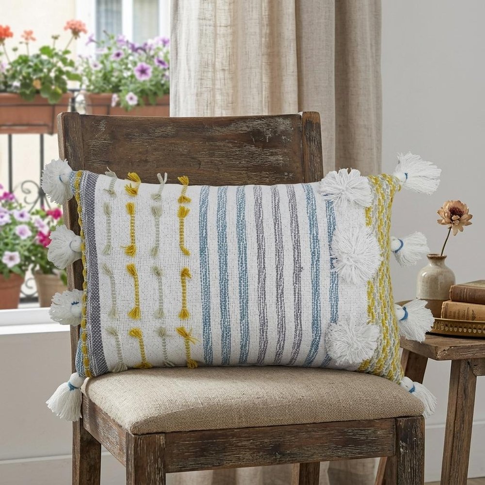 14" X 20" Blue and Yellow Striped Cotton Blend Zippered Pillow With Tassels