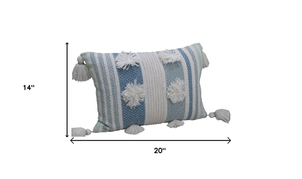 14" X 20" Cream and Blue Striped Cotton Blend Lumbar Throw Pillow With Pom-poms and Tassels