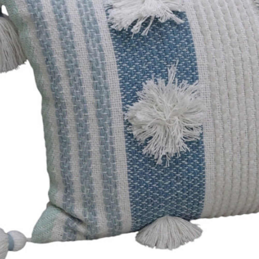 14" X 20" Cream and Blue Striped Cotton Blend Lumbar Throw Pillow With Pom-poms and Tassels