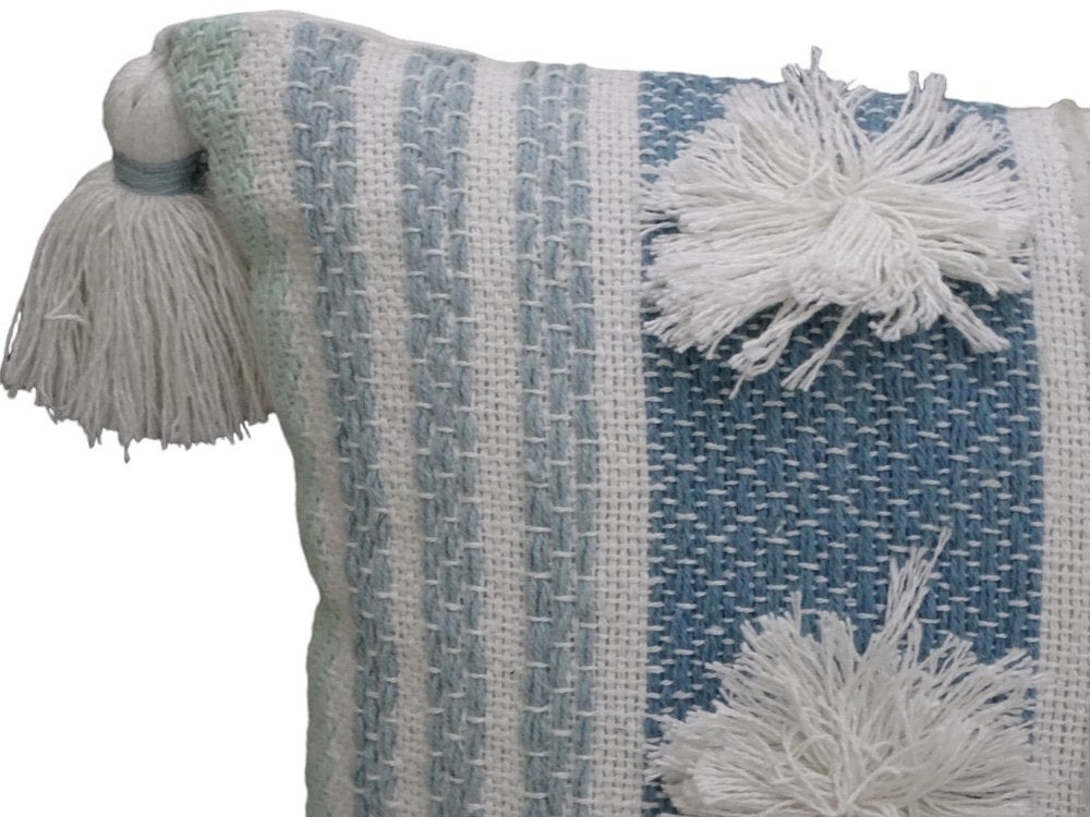 14" X 20" Cream and Blue Striped Cotton Blend Lumbar Throw Pillow With Pom-poms and Tassels