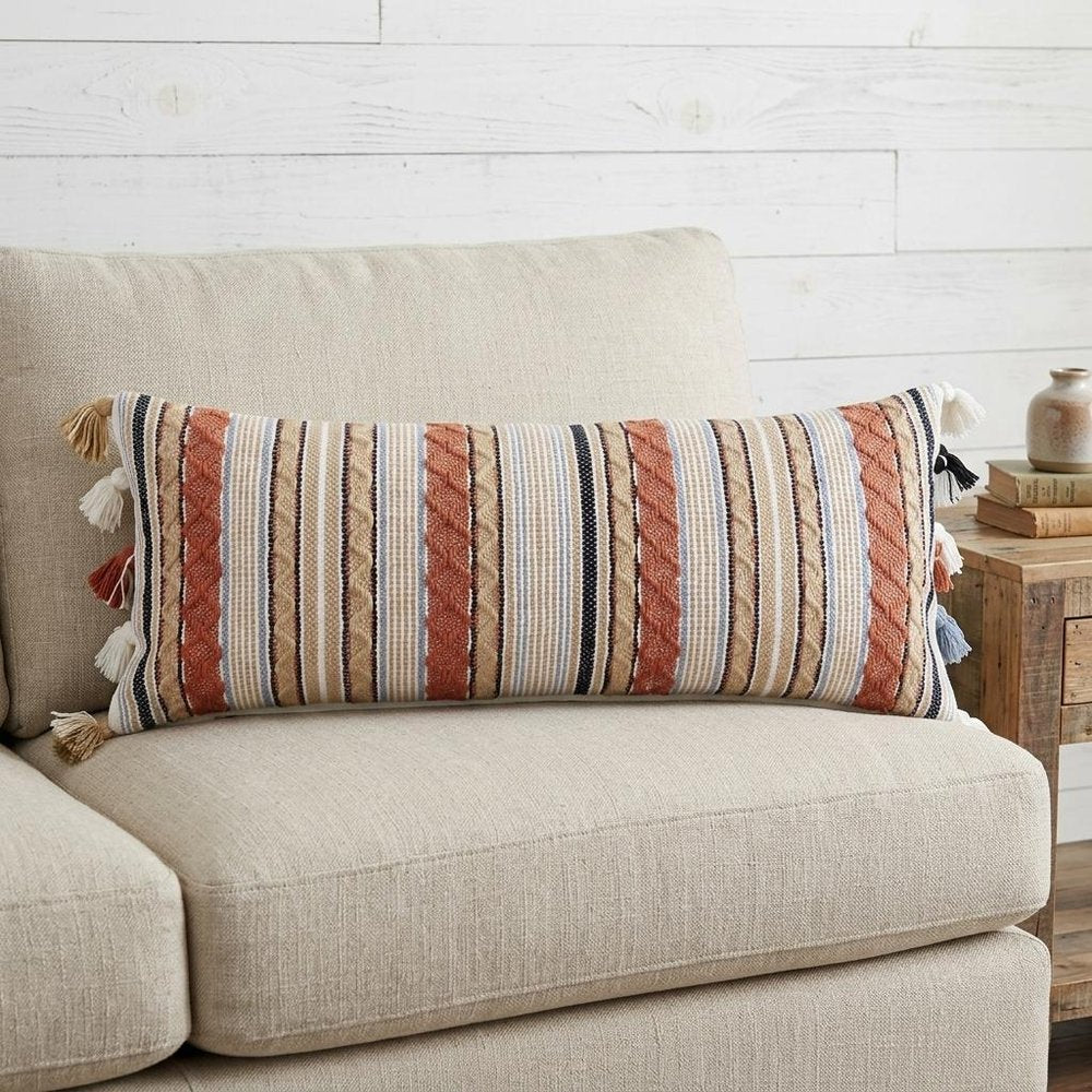 14" X 40" Tan And Beige Trellis Zippered Handmade Cotton Blend Throw Pillow With Tassels