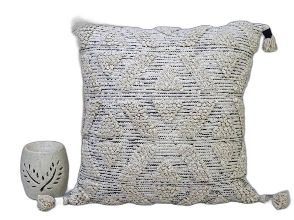 22" X 22" Off White Geometric Zippered Handmade Cotton Blend Throw Pillow With Tassels