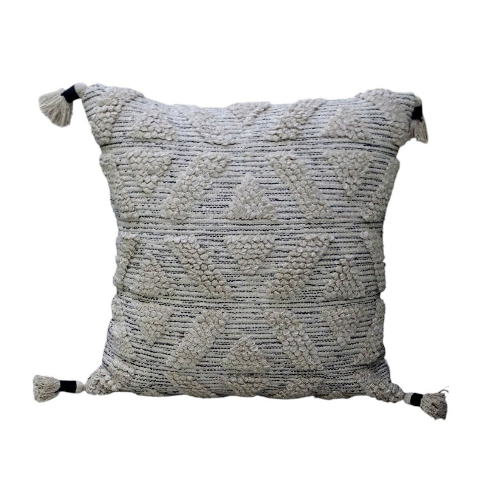 22" X 22" Off White Geometric Zippered Handmade Cotton Blend Throw Pillow With Tassels