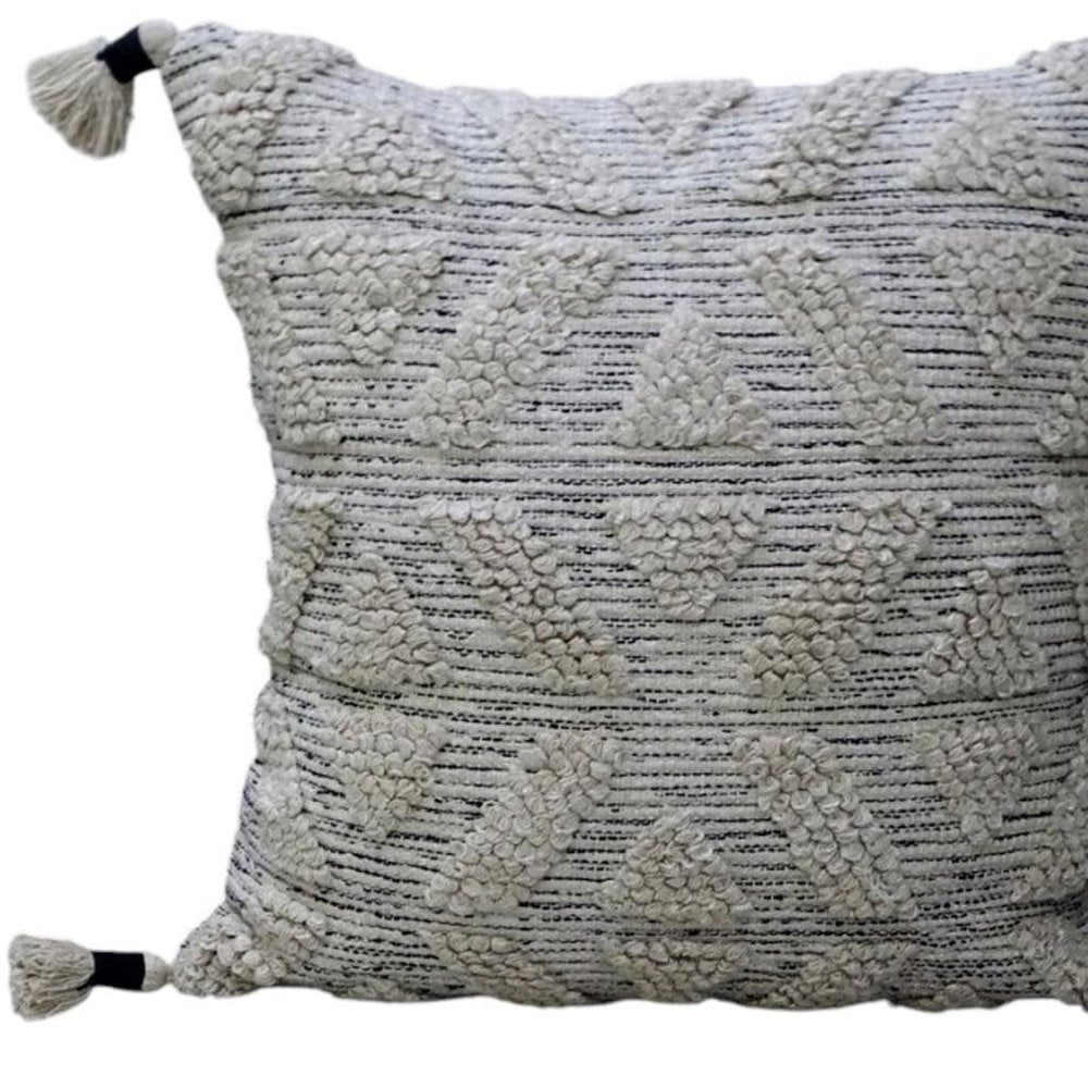 22" X 22" Off White Geometric Zippered Handmade Cotton Blend Throw Pillow With Tassels
