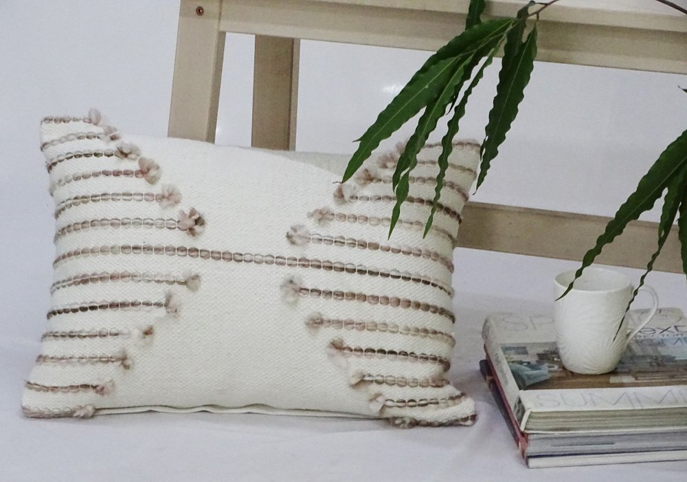14" X 20" Tan And White Zippered Cotton Blend Geometric Throw Pillow With Pom-poms