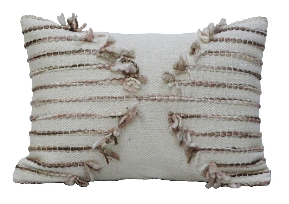 14" X 20" Tan And White Zippered Cotton Blend Geometric Throw Pillow With Pom-poms