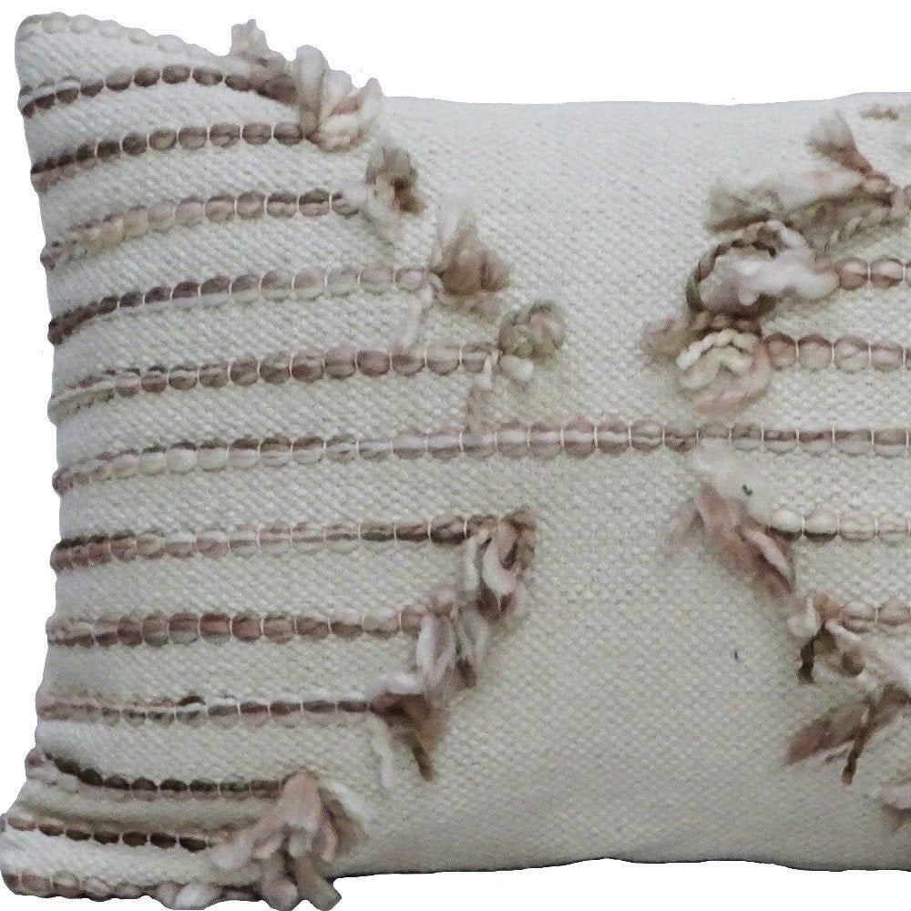 14" X 20" Tan And White Zippered Cotton Blend Geometric Throw Pillow With Pom-poms