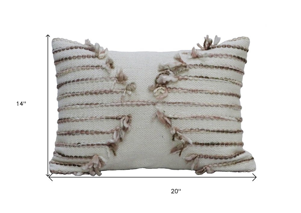 14" X 20" Tan And White Zippered Cotton Blend Geometric Throw Pillow With Pom-poms