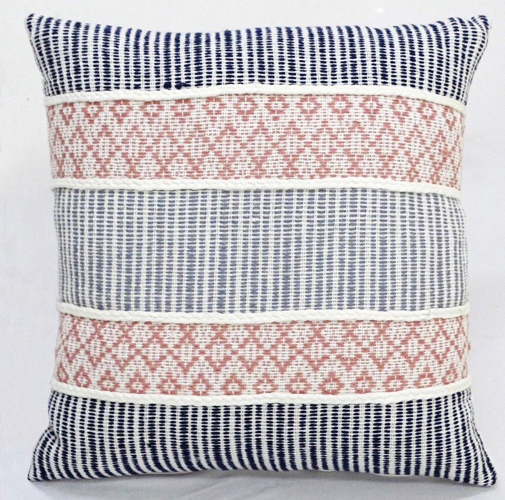 22" X 22" Blue And Peach Trellis Zippered Cotton Blend Throw Pillow With Embroidery