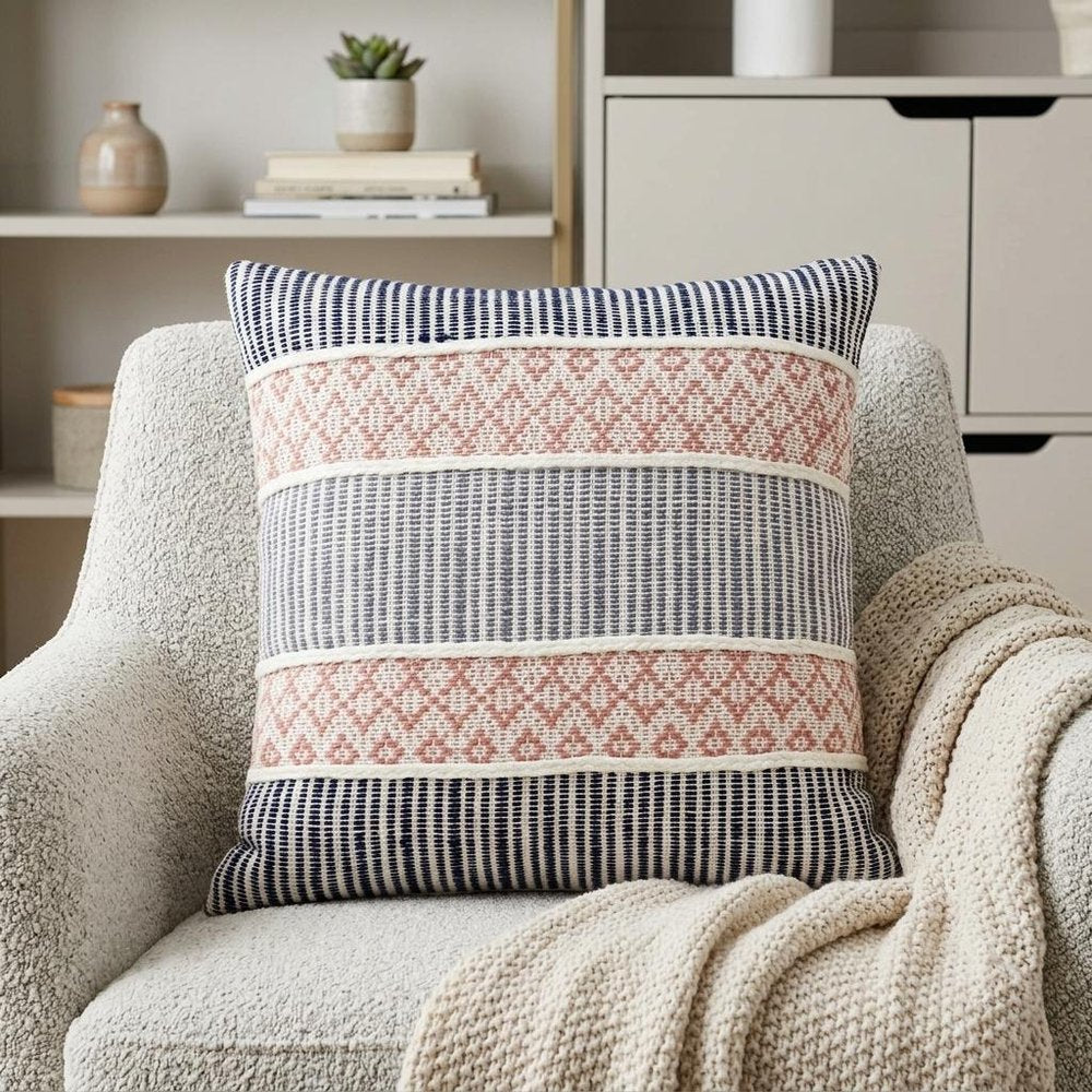 22" X 22" Blue And Peach Trellis Zippered Cotton Blend Throw Pillow With Embroidery