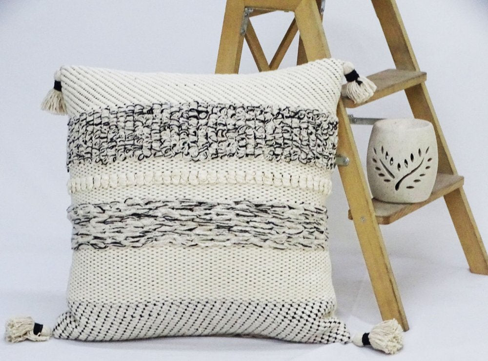 22" X 22" White And Black Zippered Cotton Blend Ribbed Throw Pillow With Tassels