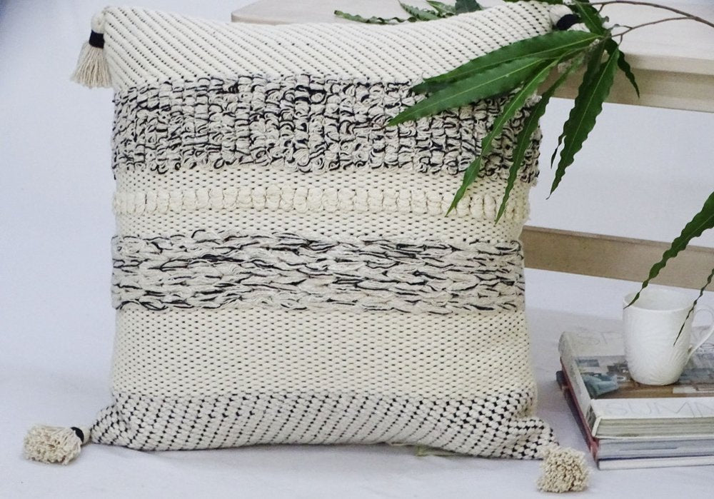 22" X 22" White And Black Zippered Cotton Blend Ribbed Throw Pillow With Tassels