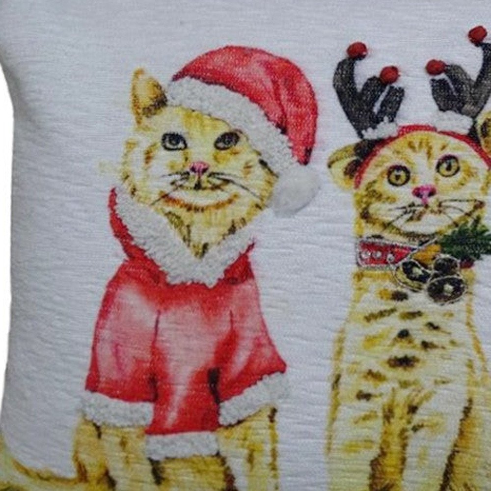 14" X 20" White And Red Cat Zippered Cotton Blend Christmas Throw Pillow