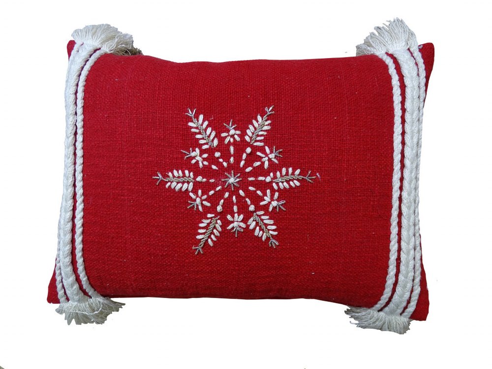 14" X 20" Red Zippered Cotton Blend Christmas Snowflakes Throw Pillow With Embroidery