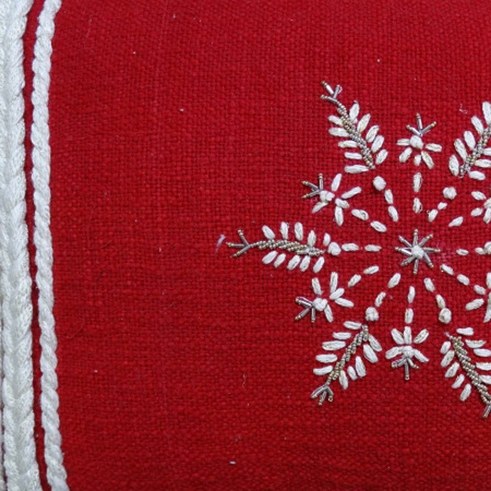 14" X 20" Red Zippered Cotton Blend Christmas Snowflakes Throw Pillow With Embroidery