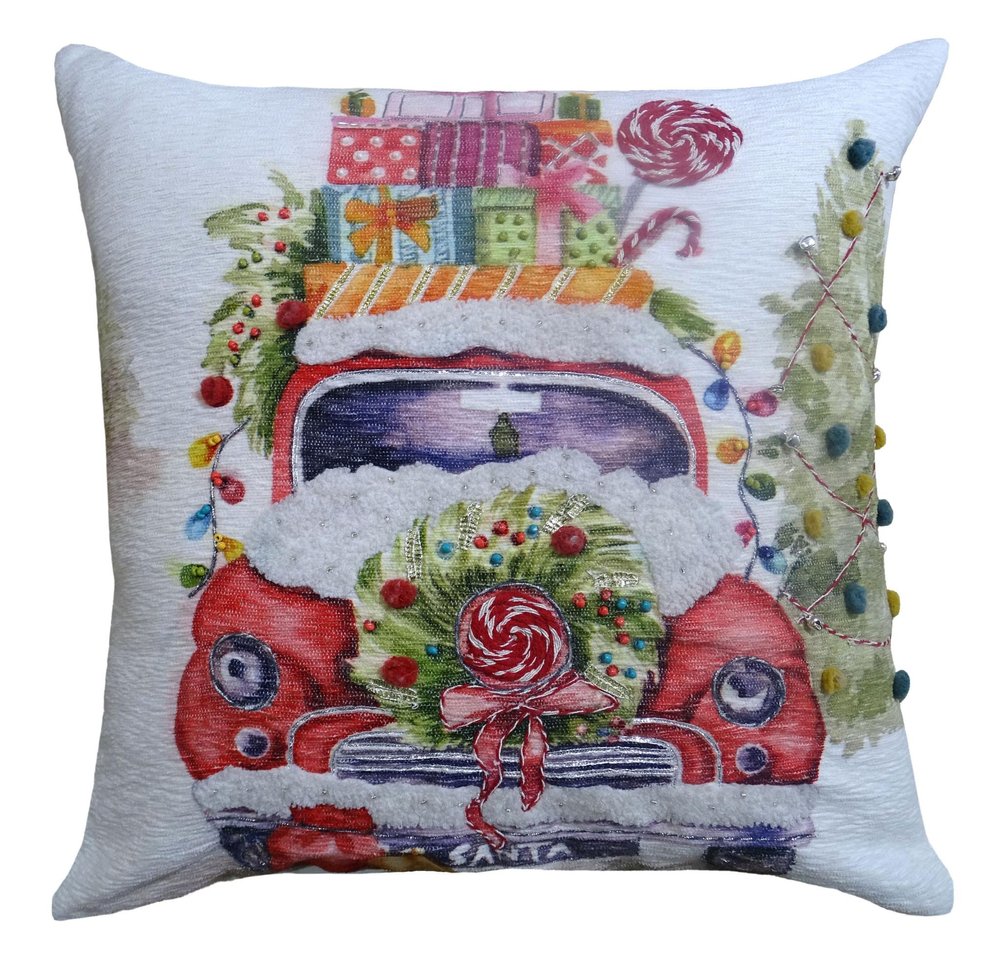 20" X 20" Green And Red Zippered Handmade Cotton Blend Christmas Holiday Van Throw Pillow With Pom Poms