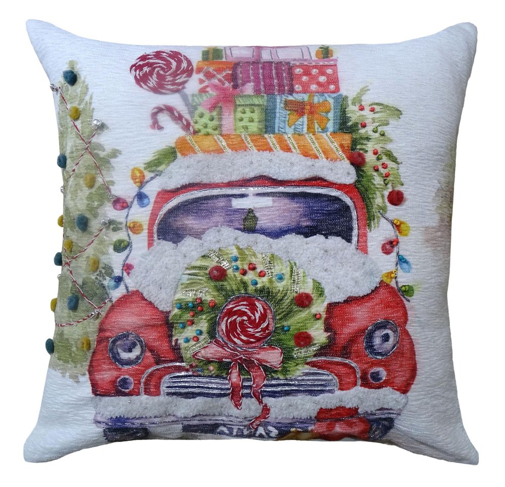 20" X 20" Green And Red Zippered Handmade Cotton Blend Christmas Holiday Van Throw Pillow With Pom Poms