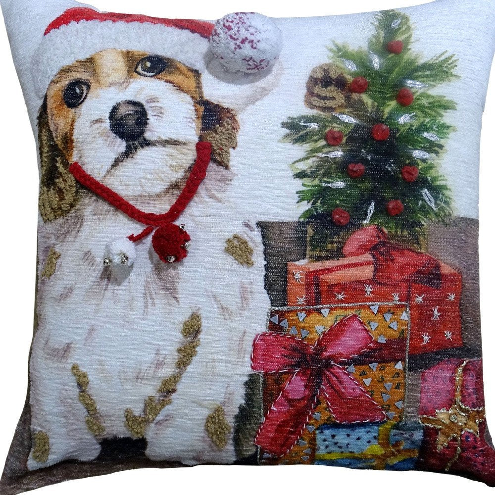 20" X 20" Red And White Dog Zippered Handmade Cotton Blend Christmas Throw Pillow With Pom Poms