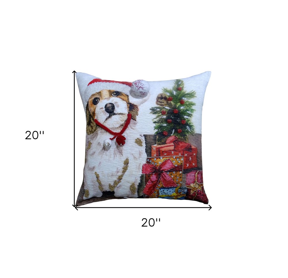 20" X 20" Red And White Dog Zippered Handmade Cotton Blend Christmas Throw Pillow With Pom Poms