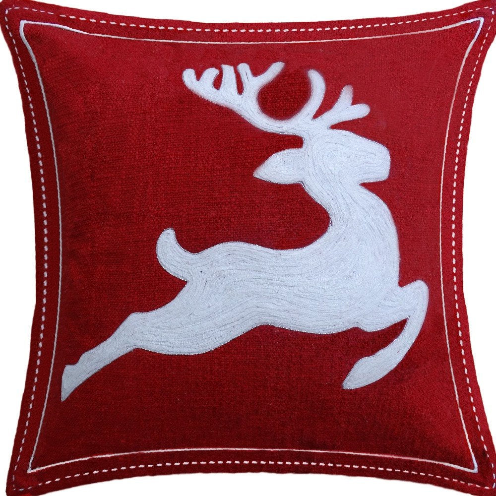 20" X 20" Red Deer Zippered Cotton Blend Christmas Reindeer Throw Pillow