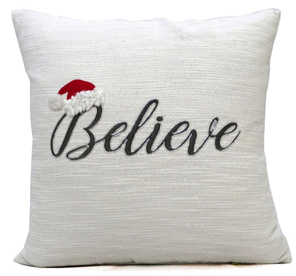 20" X 20" White Cotton Blend Believe Christmas Throw Pillow