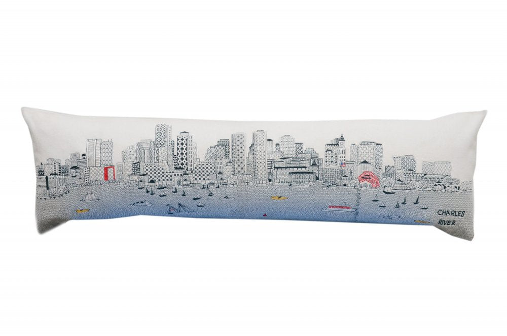 14" X 45" Dark Gray And White Boston Night Skyline Lumbar Decorative Pillow