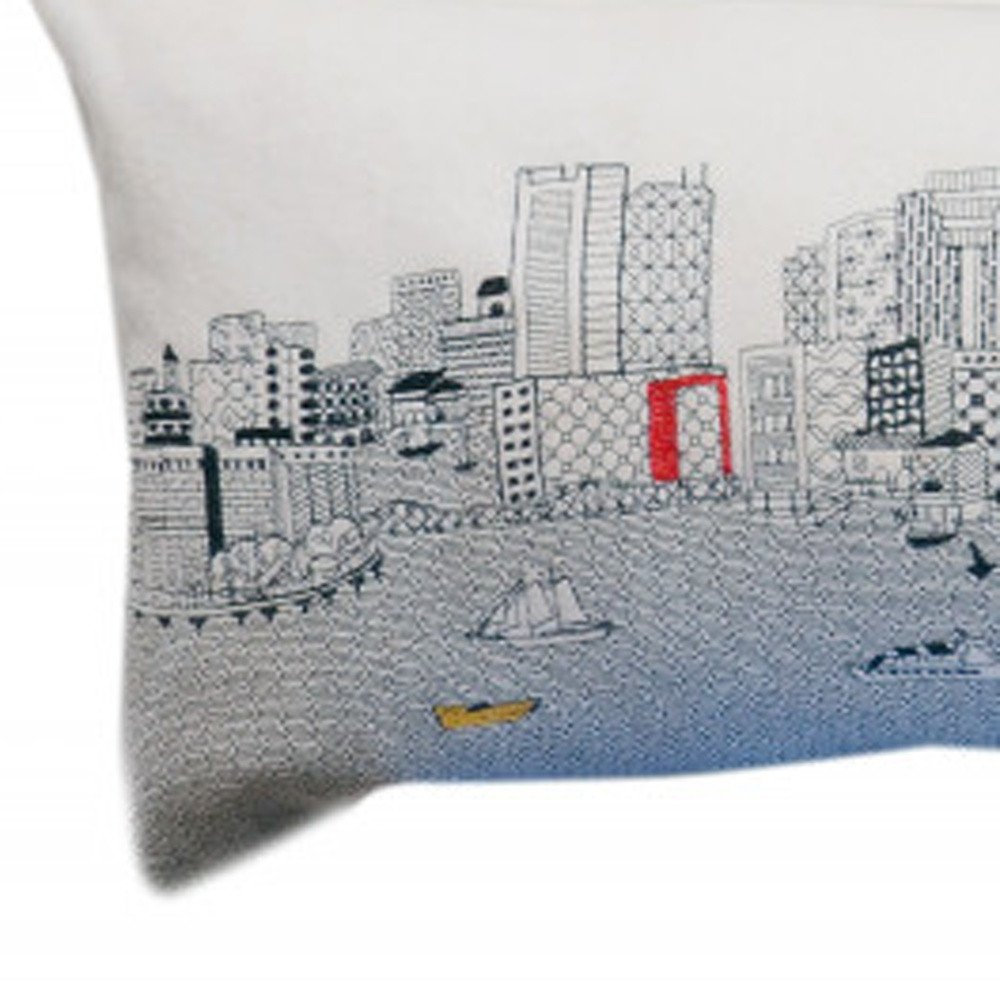 14" X 45" Dark Gray And White Boston Night Skyline Lumbar Decorative Pillow