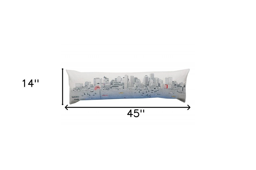 14" X 45" Dark Gray And White Boston Night Skyline Lumbar Decorative Pillow