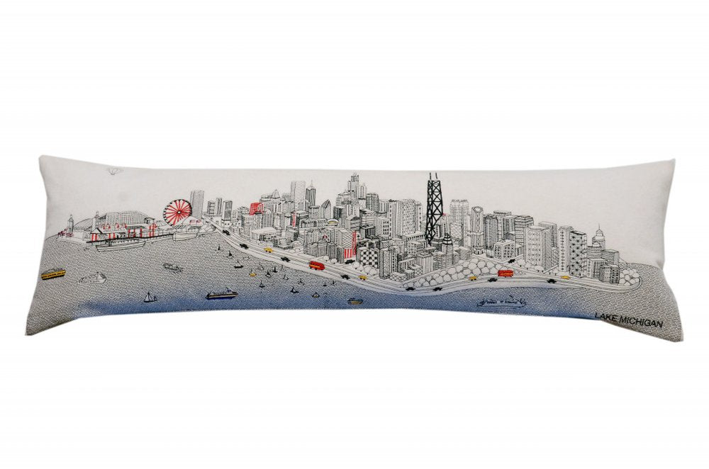 14" X 45" Dark Gray And White Chicago Nighttime Skyline Lumbar Decorative Pillow