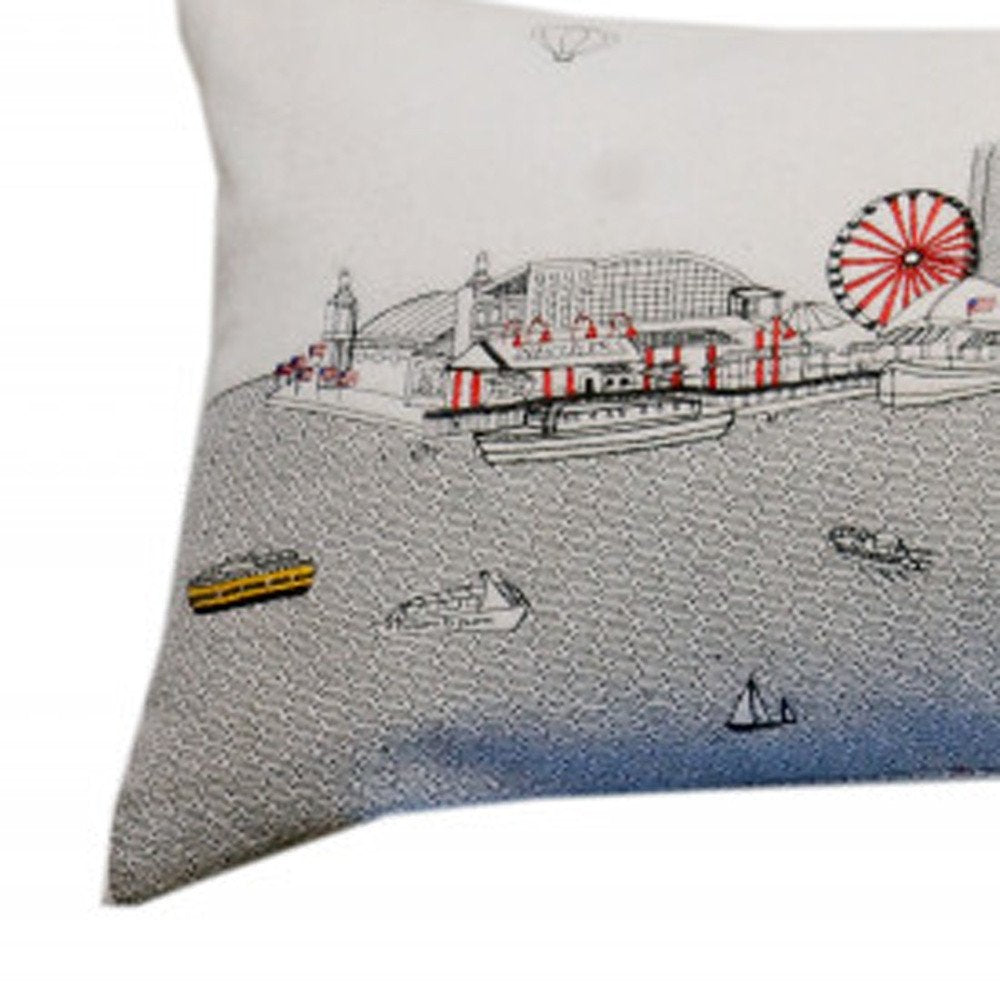 14" X 45" Dark Gray And White Chicago Nighttime Skyline Lumbar Decorative Pillow