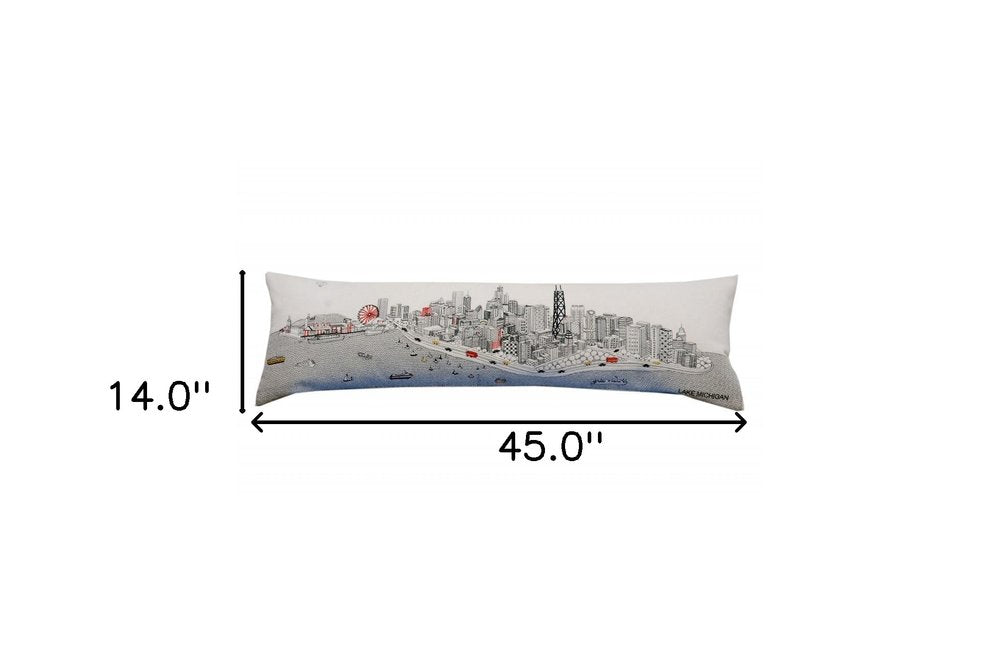 14" X 45" Dark Gray And White Chicago Nighttime Skyline Lumbar Decorative Pillow