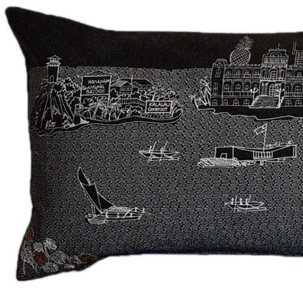 14" X 45" Dark Gray And White Hawaii Nighttime Skyline Lumbar Decorative Pillow