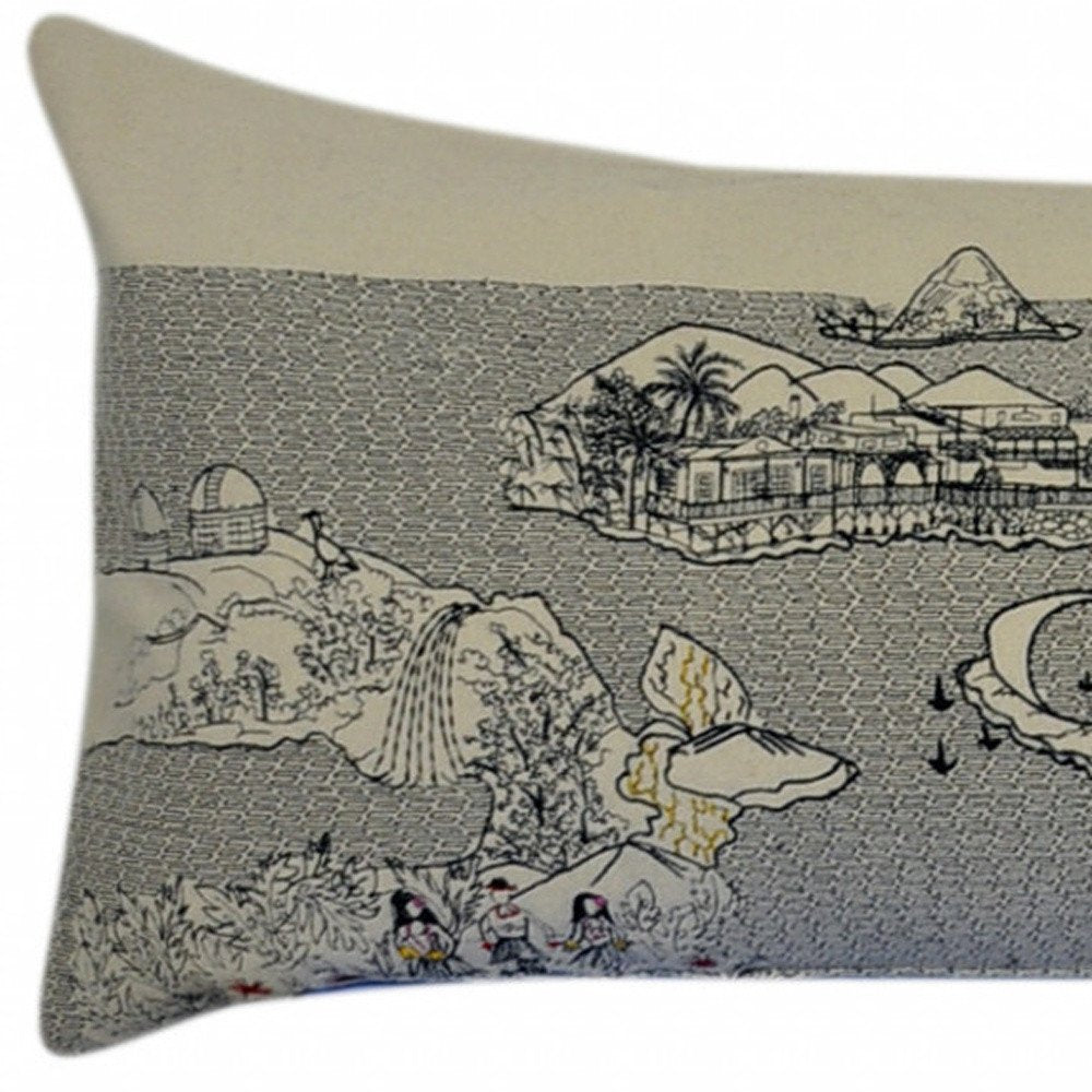 14" X 45" Dark Gray And White Hawaii Nighttime Skyline Lumbar Decorative Pillow