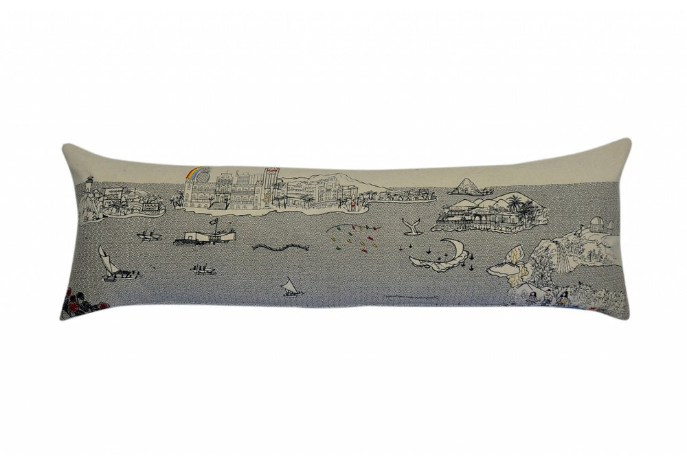 14" X 45" Dark Gray And White Hawaii Nighttime Skyline Lumbar Decorative Pillow