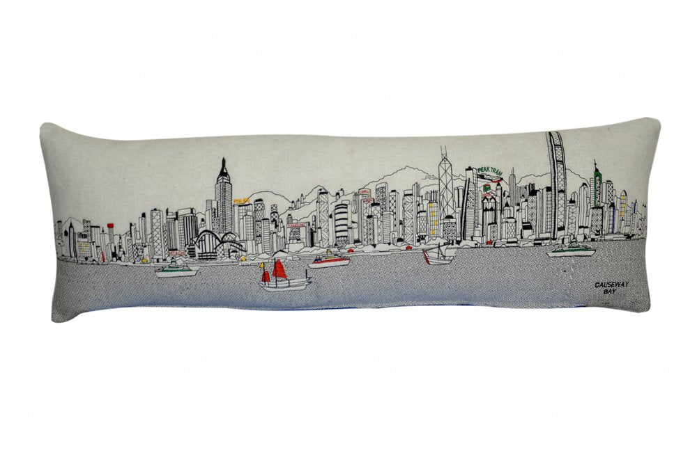 14" X 45" Dark Gray And White Hong Kong Nighttime Skyline Lumbar Decorative Pillow