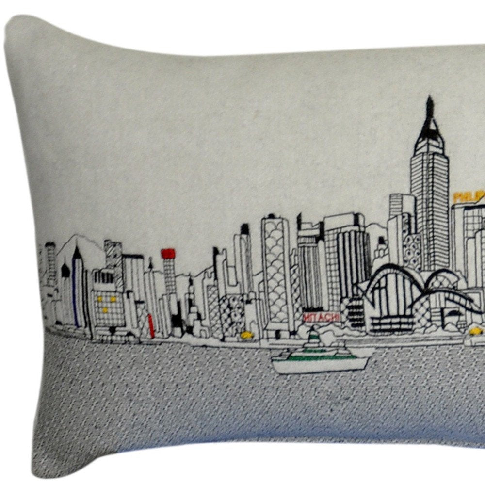 14" X 45" Dark Gray And White Hong Kong Nighttime Skyline Lumbar Decorative Pillow