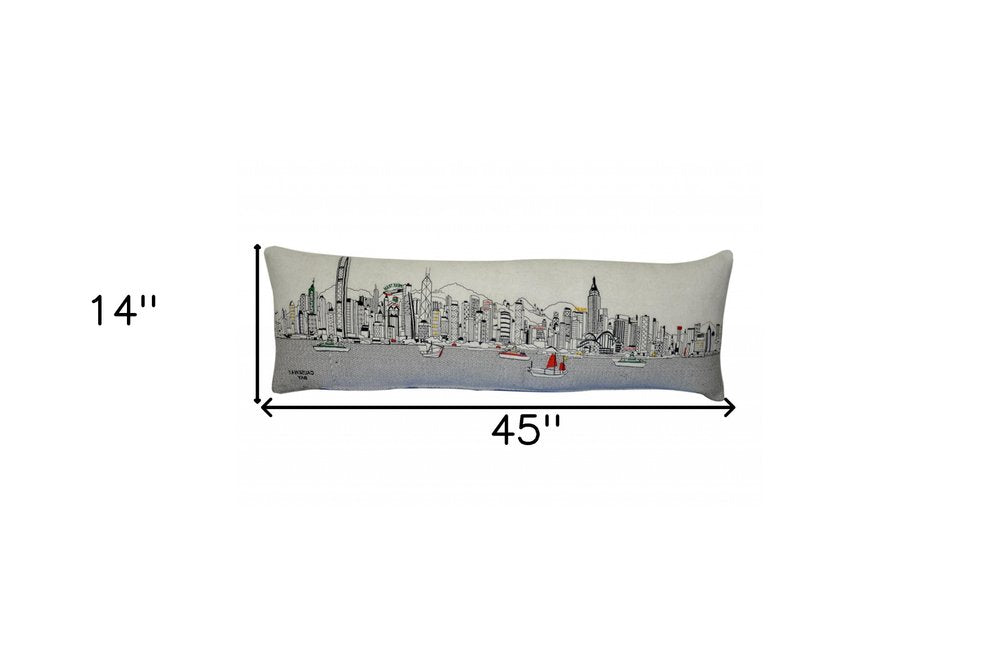 14" X 45" Dark Gray And White Hong Kong Nighttime Skyline Lumbar Decorative Pillow