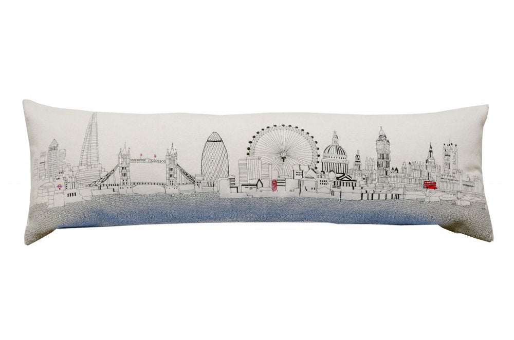 14" X 45" Dark Gray And White London Nighttime Skyline Lumbar Decorative Pillow