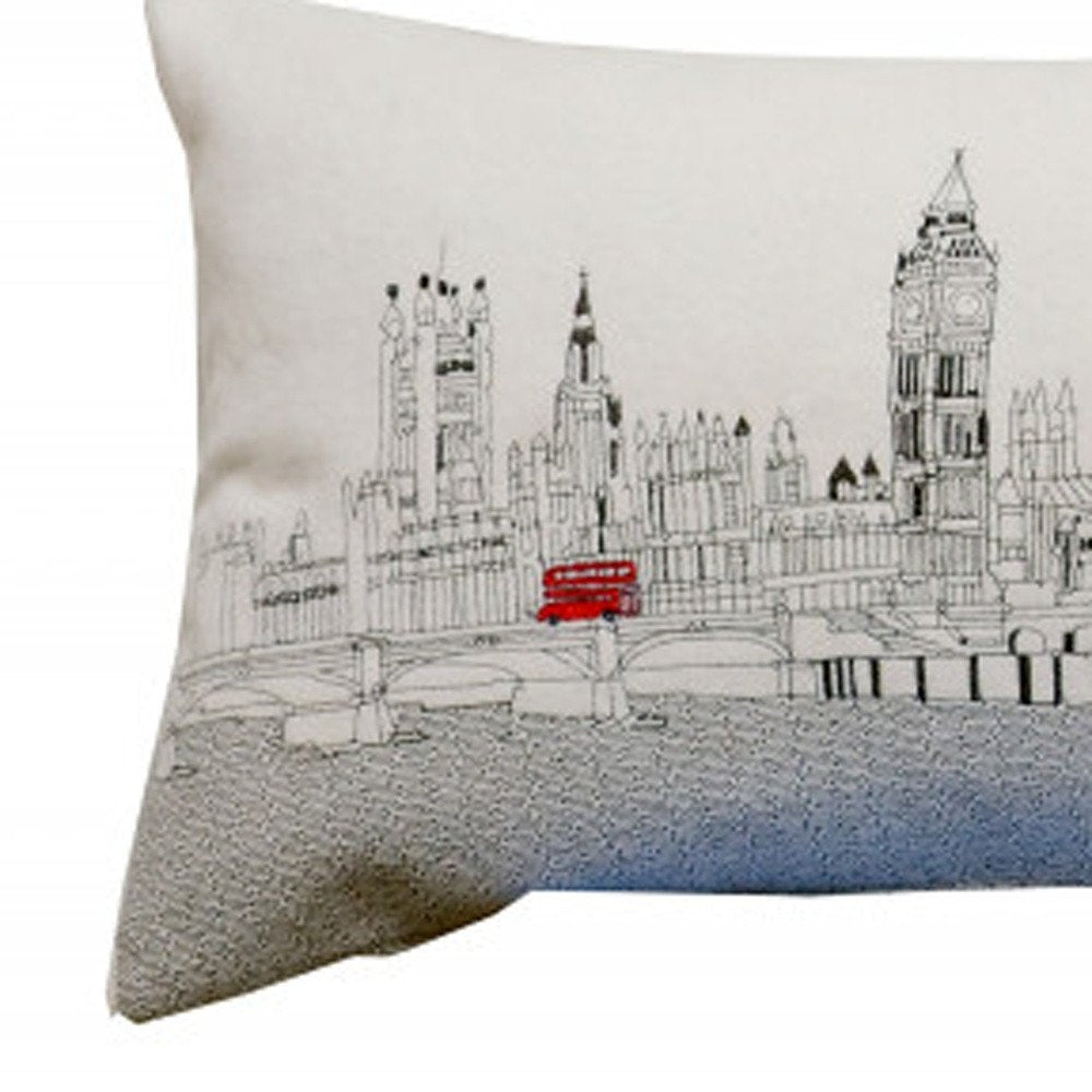 14" X 45" Dark Gray And White London Nighttime Skyline Lumbar Decorative Pillow